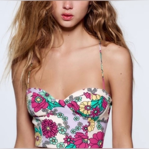 Zara Floral Lace Up Corset Crop Top and Mini Skirt 2 Pieces Matching Set - Picture 3 of 16